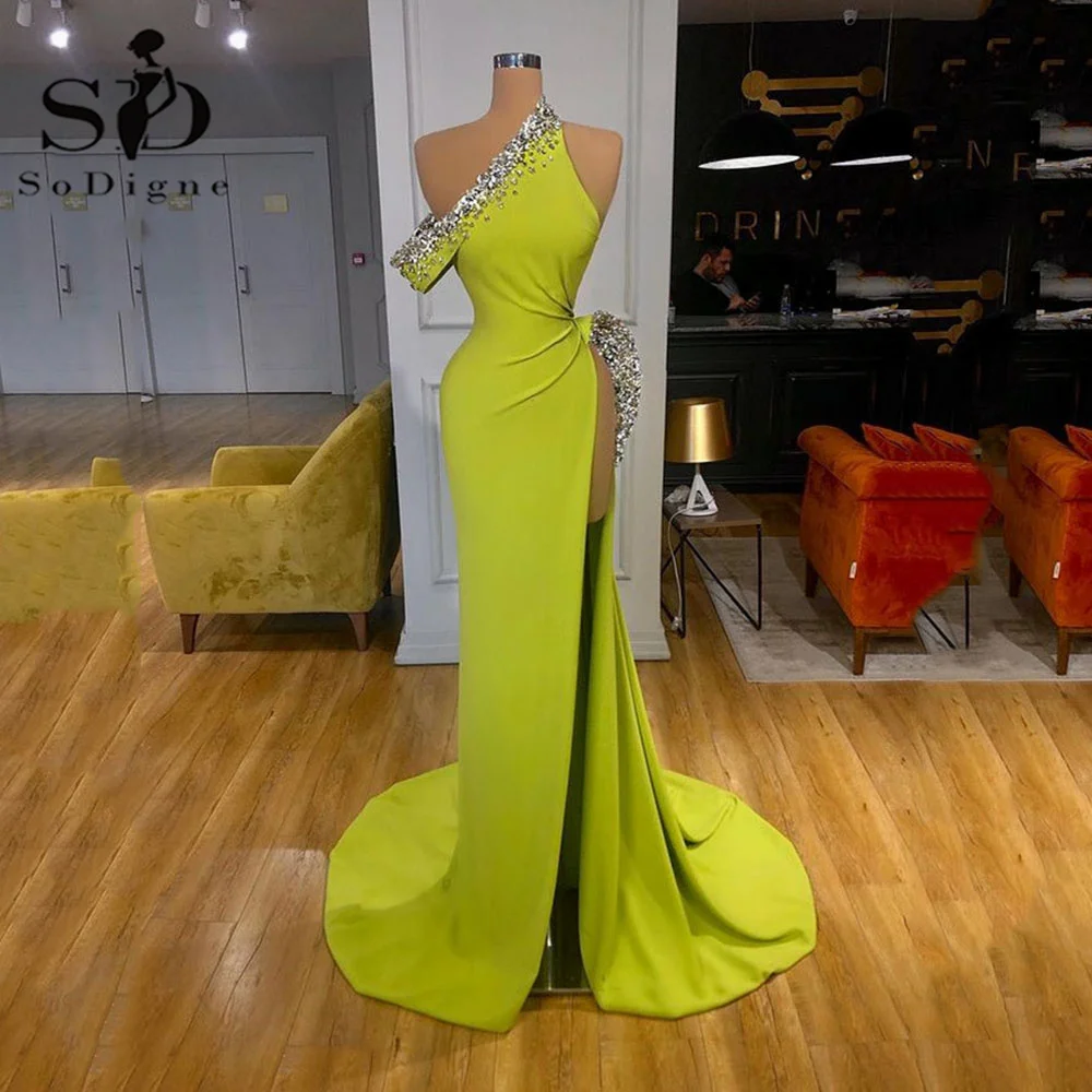 

SoDigne Yellow Green Evening Dresses One Shoulder Side Slit Pleats Sequined Beads Mermaid Formal Prom Dress Celebrity Party Gown