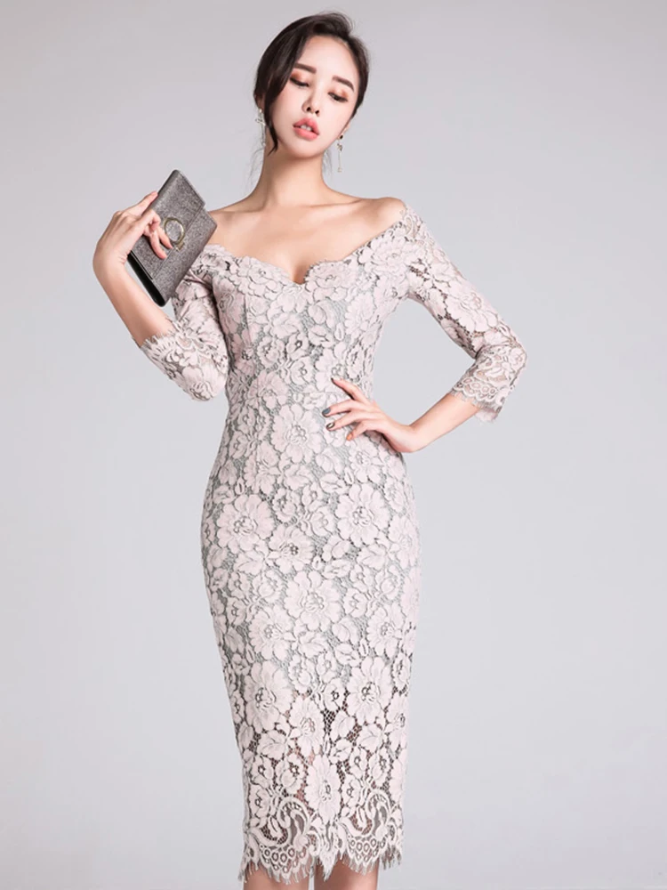 Новое корейское модное женское кружевное длинное платье элегантное шикарное