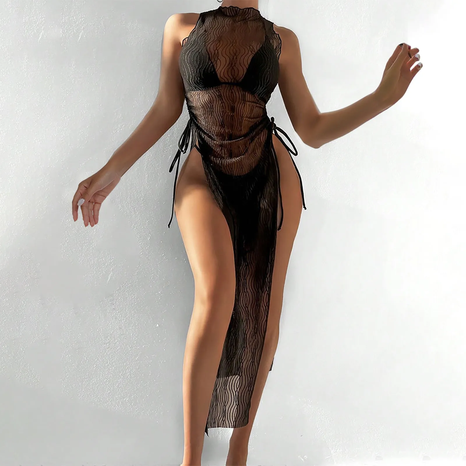 

Женская сексуальная черная прозрачная сетчатая пляжная блузка с высоким разрезом