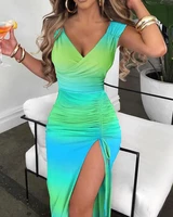 women summer v neck ombre vacation wear long bodycon dresses sexy drawstring ruched high slit dress female robe