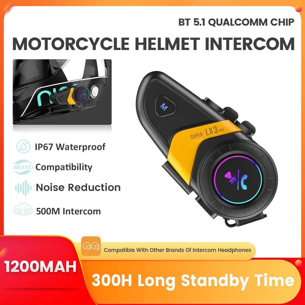 

LX-3 Pro Motorcycle Intercom Intercom Helmet Headset Moto Headset Wireless Headset Interphone 1200mA IP67 Waterproof 500M BT5.1