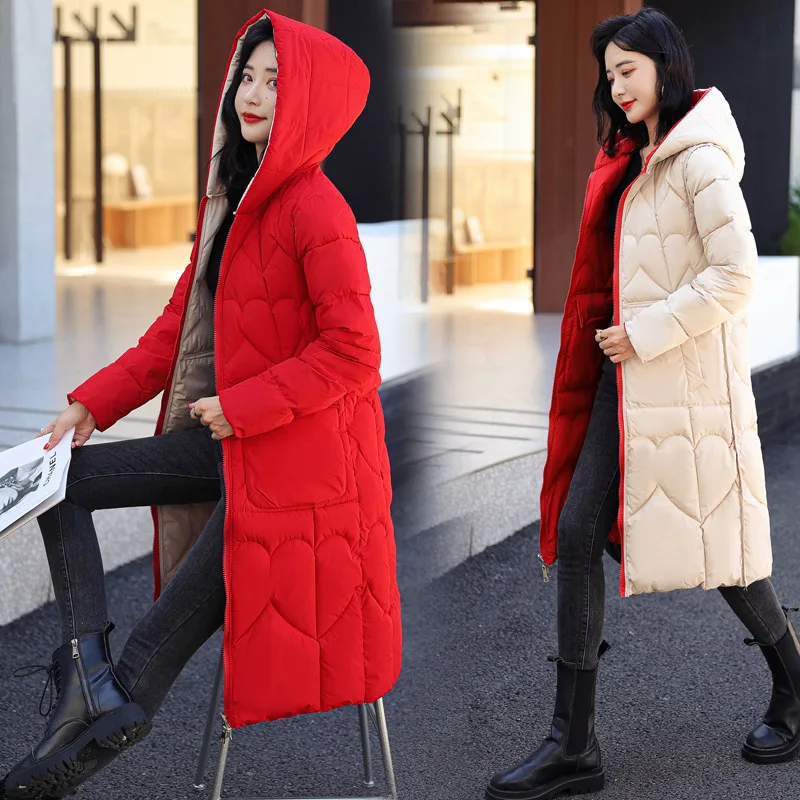 2022 Winter Down Jacket Women Parkas Coats Long Casual Light Warm Hooded Double Sided Wear Cotton Outerwear 5 Color