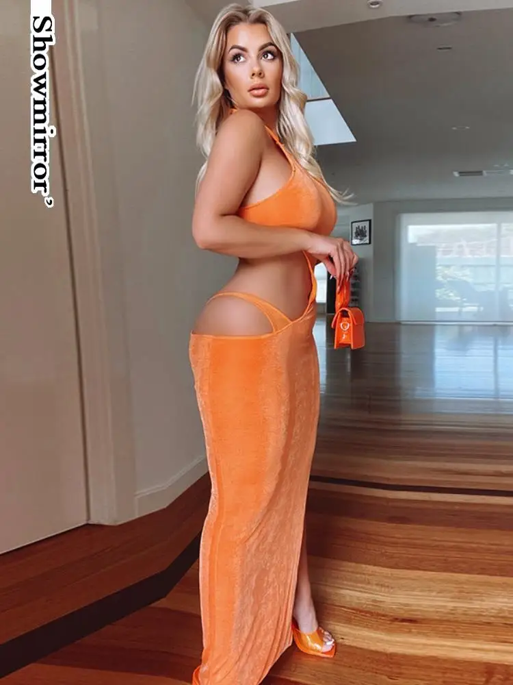 

ShowmirrorElegant Halter Sexy Backless Cut Out Maxi Dress Outfits for Women Sleeveless Summer Long Bodycon Dresses Clothes