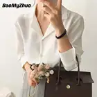 Женская винтажная блузка с длинным рукавом, элегантная повседневная однотонная белая блузка в Корейском стиле, весна 2022