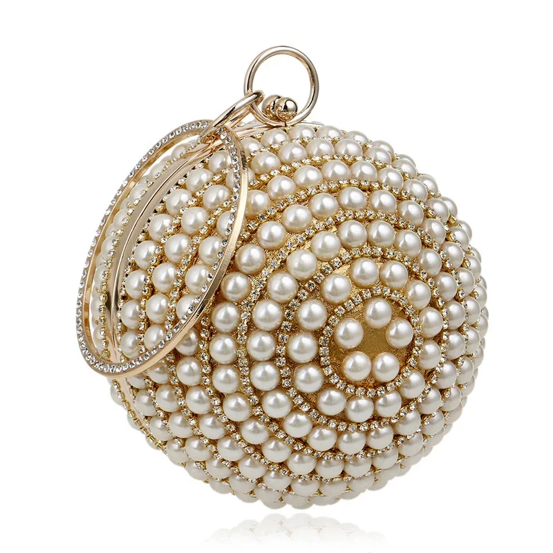 

Cute Bowling Bags Women Pearl Dinner Bag Ladies Handbag Round Shape Wristband Banquet Bag Ladies Beading Evening Mini Handbag