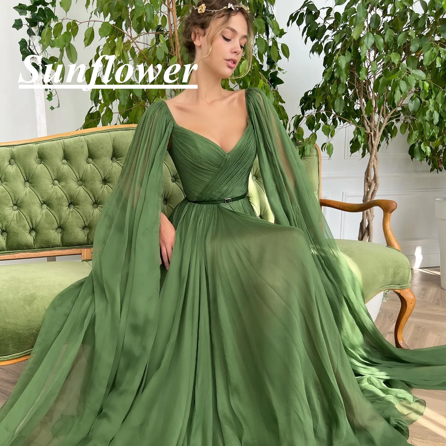 

Sunflower New Summer Green Long-Sleeves V-Neck Highowns Applique vestidodefiestade boda Split Zipper Up A Line Boho Bridal 2023
