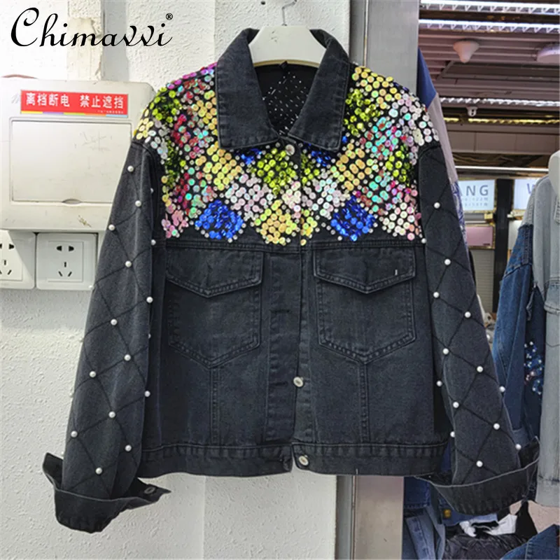 

European 2022 Spring New Fashion Mixed Color Sequin Bead Plaid Sleeve Denim Jacket Loose Street Clothing All-Matching Coat