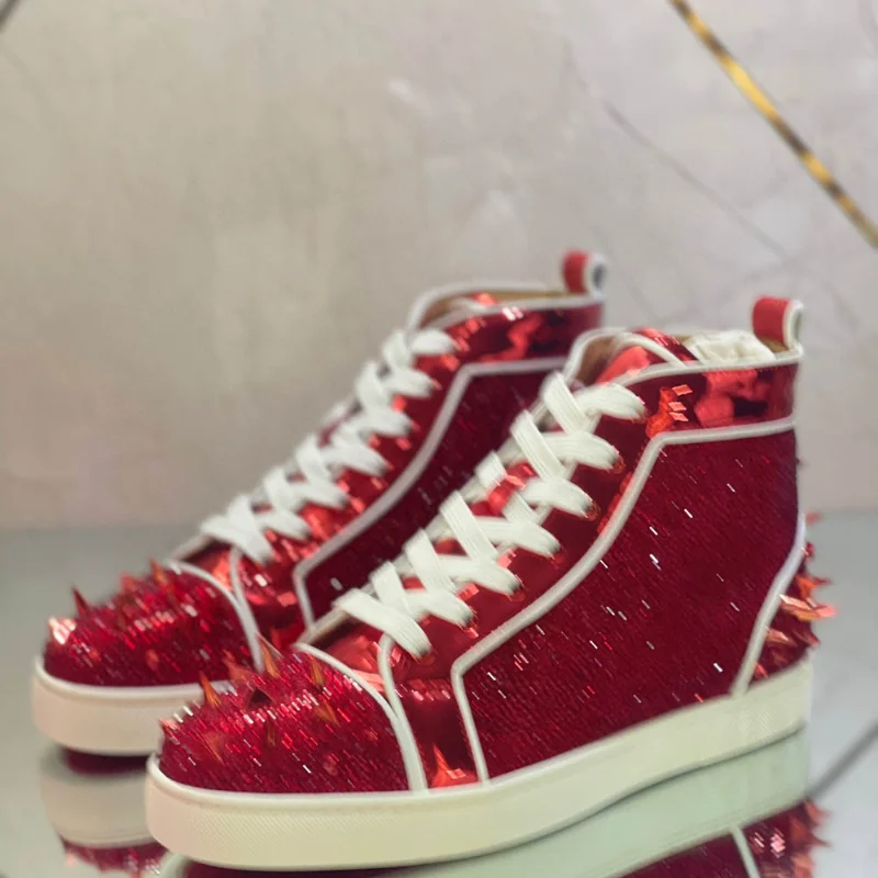 

Night Club High Top Red Bottom For Men Shoes Trainers Spiked Patent Genuine Leather Messy Rivets Toecap Crystal Flats Sneakers