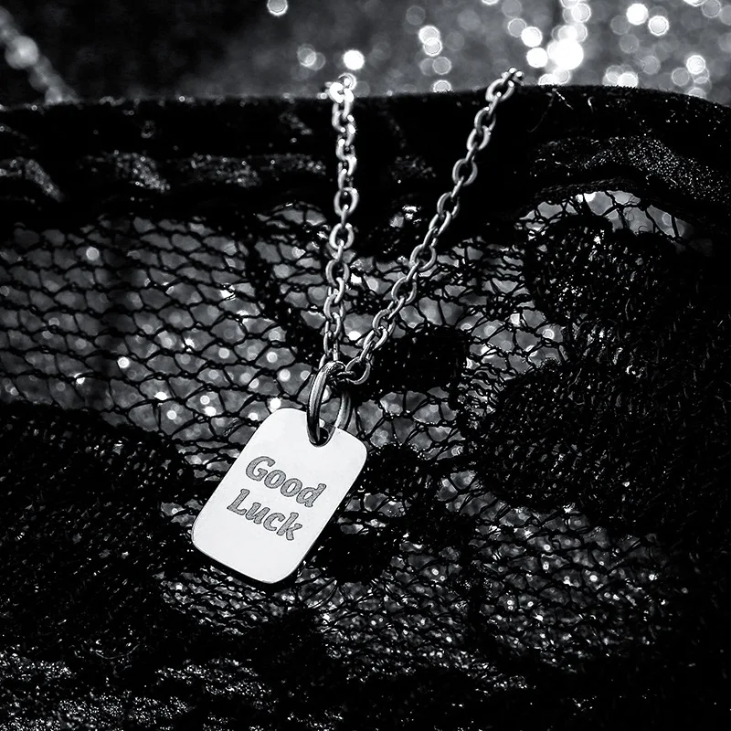 

Fashion Minimalist Girls Glamour Jewelry Stainless Steel Chain Square Engraved Letters Goodluck, Couple Gifts For Men And Women