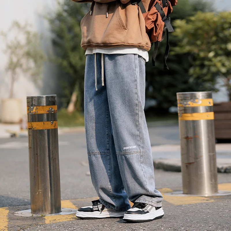 Oversized Jeans Cotton Men's Straight Leg Slacks Men's New Style Spliced Rubber Waistband Washed Vintage Long Pants
