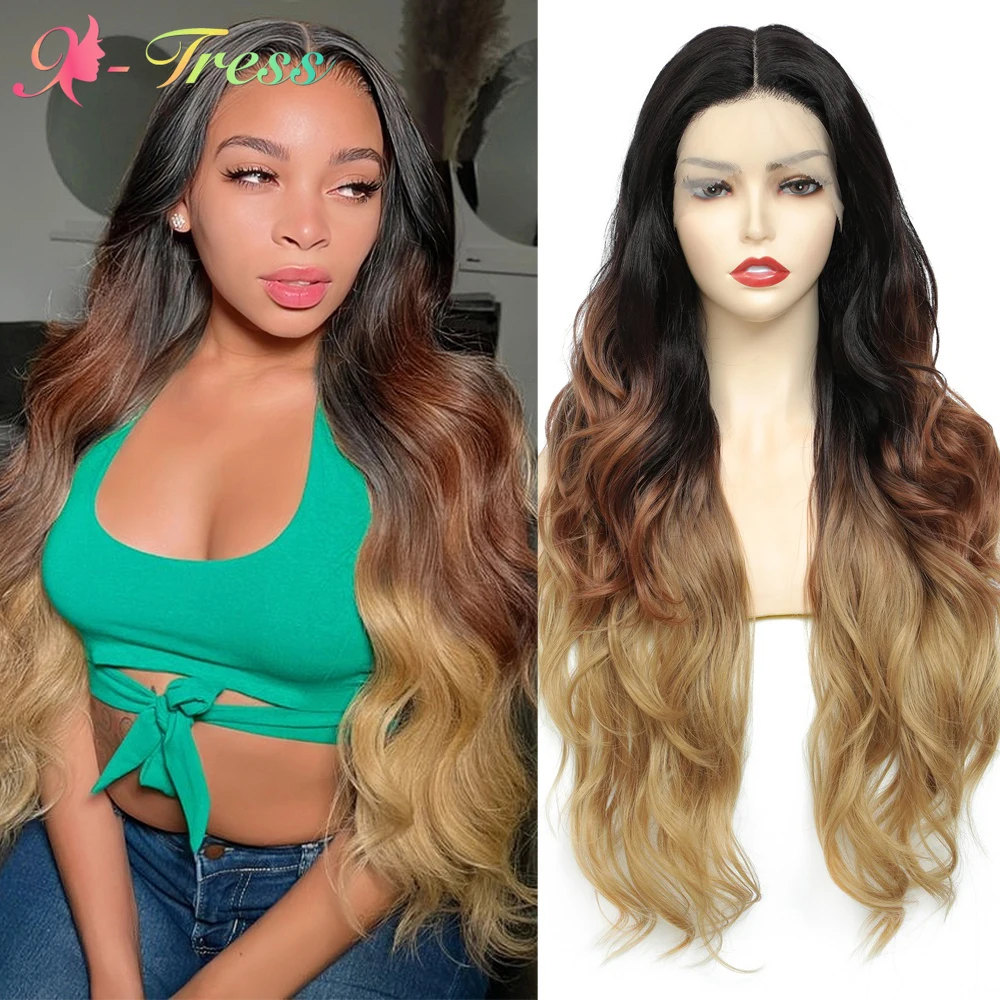 

X-TRESS синтетические парики с эффектом омбре, 28 дюймов, длинные волнистые натуральные волосы, 3 тона, парик из черного на светлый, для чернокожих женщин