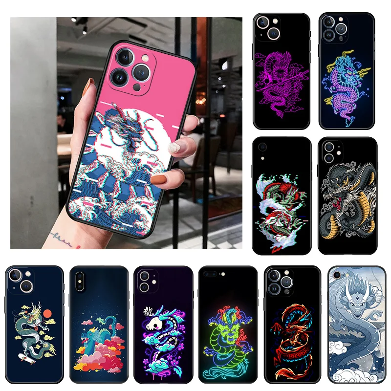 Silicone Black Phone Cases Cover for iPhone 11 14 Pro Max 12 13 Mini XR SE 7 8 6 6s Plus XS X SE3 11Pro Purple Dragon Aesthetic