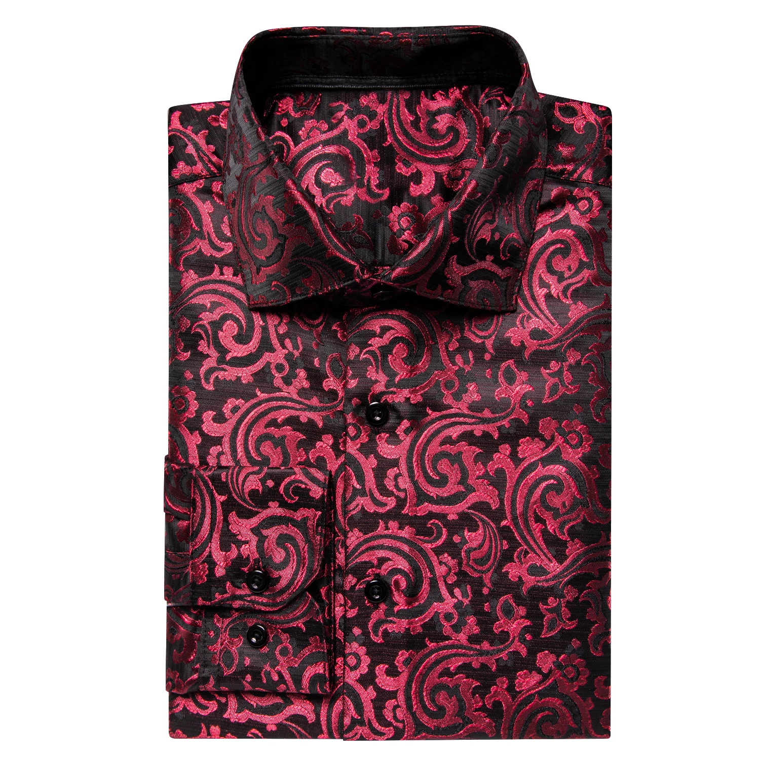Hi-Tie Brand Silk Mens Shirts Long Sleeve Lapel Red Burgundy Paisley Floral Shirt For Male Breathable High Quality Wedding Plus