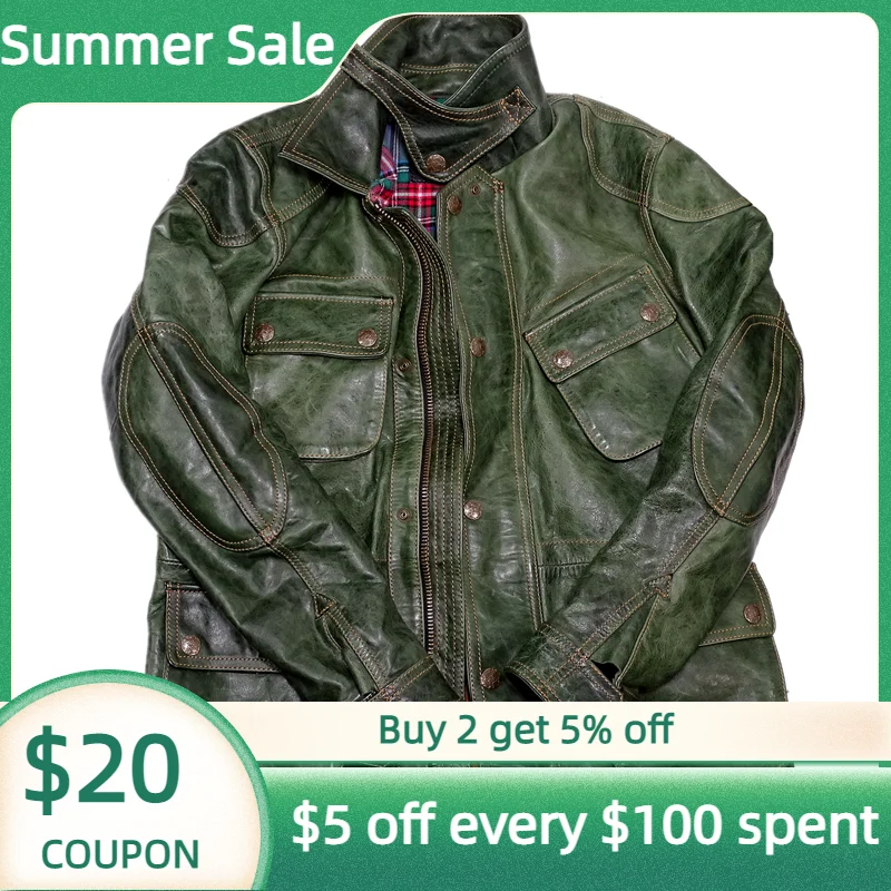 

Green Spring Men's Jacket American Safari Style Plus Size 5XL Natural Horsehide Autumn Slim Fit Genuine Leather Coats