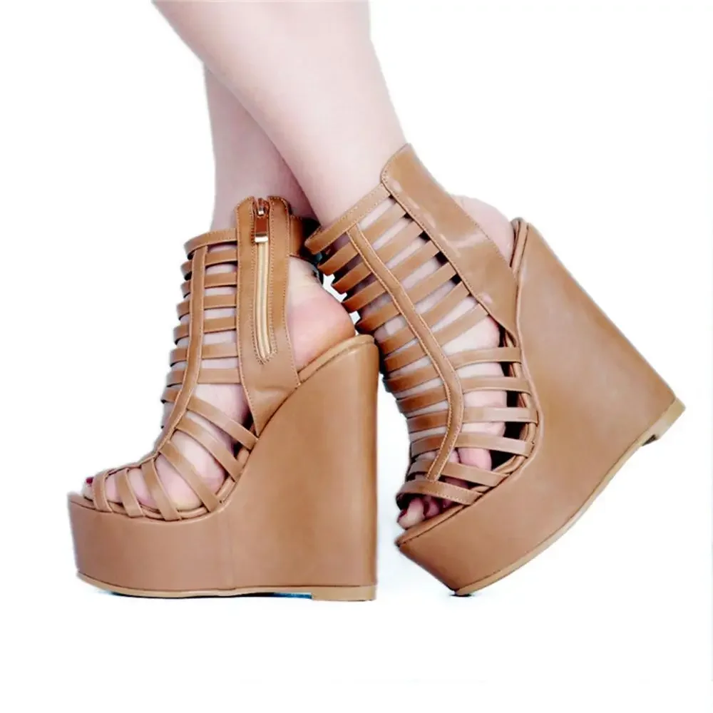 ASHIOFU New Hot Sale Handmade Womens Wadge Heel Sandals Cut-out Night-club Party Prom Shoes Fashion Evening Daily