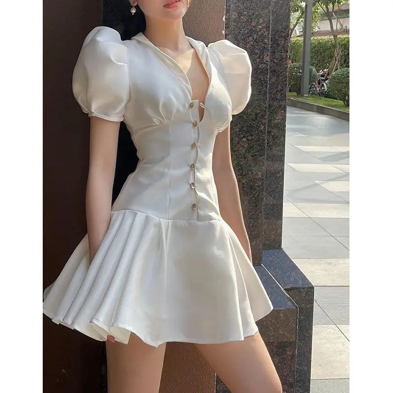 

Hikigawa 2023 летнее однотонное повседневное женское платье подходящее ко всему платья с V-образным вырезом сексуальное шикарное Модное Элегантное плиссированное платье для женщин