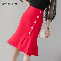 women breasted mermaid skirts split ruffles wrap hips midi skirt high waist stretch vintage office red black skirts
