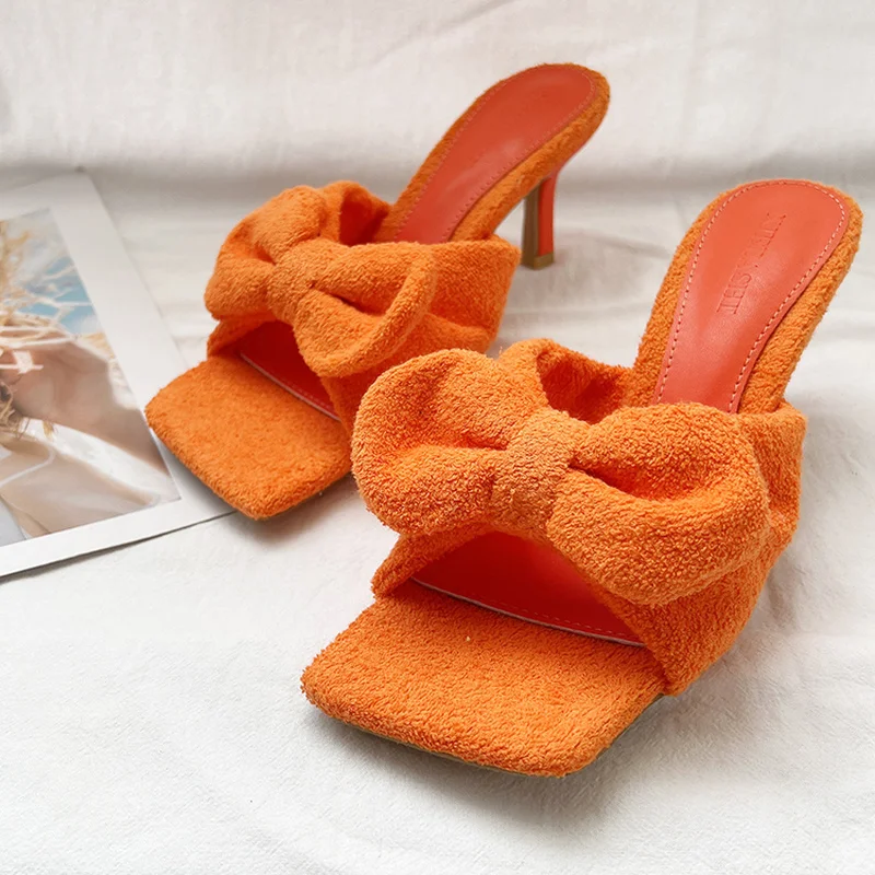 

High Heel Slippers 2022 Summer Terry Fleece Butterfly-knot Square Peep Toe Leather Party Shoes Women Large Size Dress Shoes