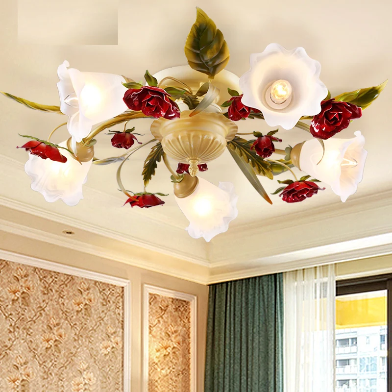 

Flower Ceiling Lamp Red Mediterranean Creative Lights For Living Room Dining Room Girls Bedroom Wedding Glass Lampshade D116