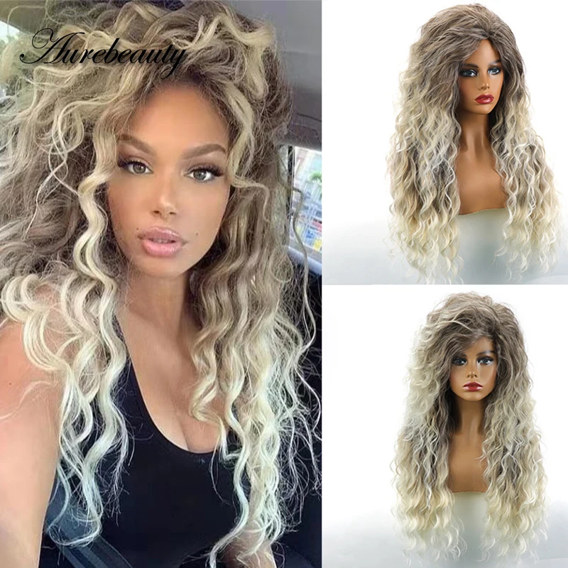 

Highlight Synthetic Blonde Ombre Hair Wig Colored Afro Kinky Curly Cosplay Wigs For Black Women Natural Hair Green Dark Roots
