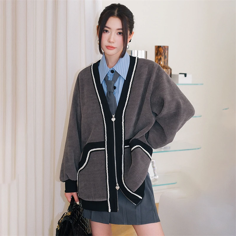 

Осенне-зимнее темно-серое вельветовое пальто корейский Кардиган с длинным рукавом Свободный V-образный вырез в студенческом стиле женская одежда 2023