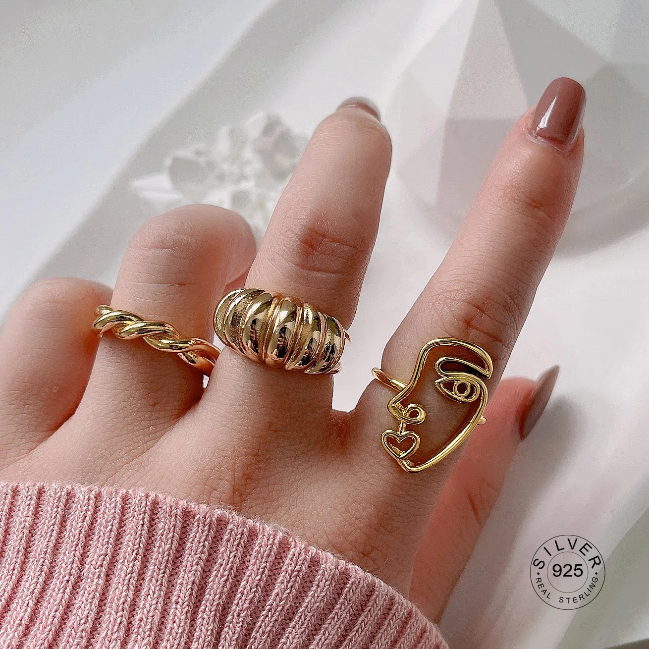 

925 Sterling Silver Rings for Women Heart Face INS Geometic Couples Engagement Jewelry New Trendy Party Daily Accessories Gift