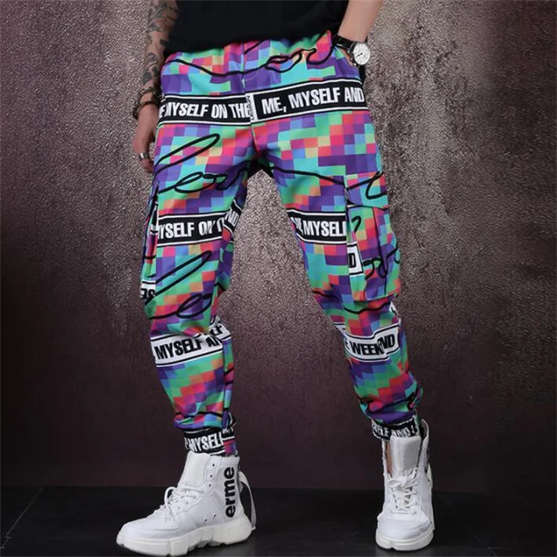 Multicolor casual pants mens loose overalls trousers multi-pocket pencil pants hip-hop country tide singer stage dance