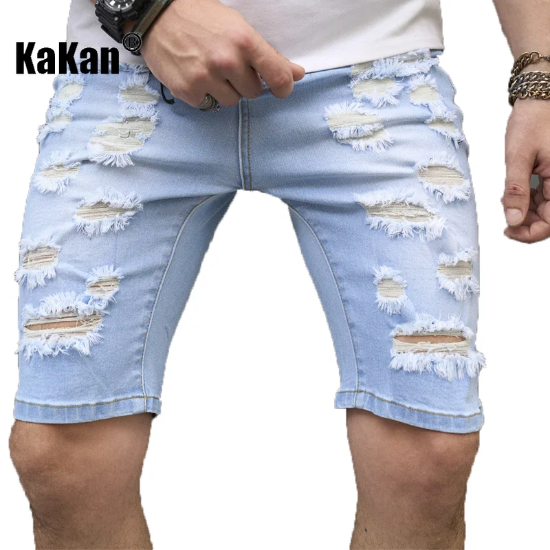 Kakan - European and American Summer New Distressed Stretch Tight Jeans for Men, Casual Light Colored Quarter Pants Jeans K9-635