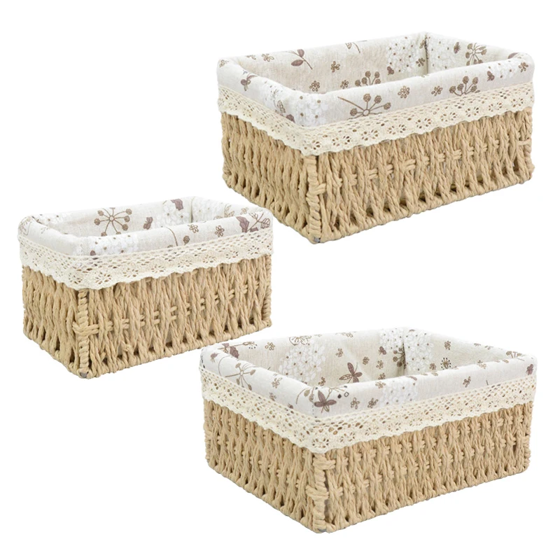 

Hand Woven Paper Rope Storage Baskets 3PCS/Set Organizers Baskets Storage Sundry For Storage Snack Sundries Jewelry Cosmetics