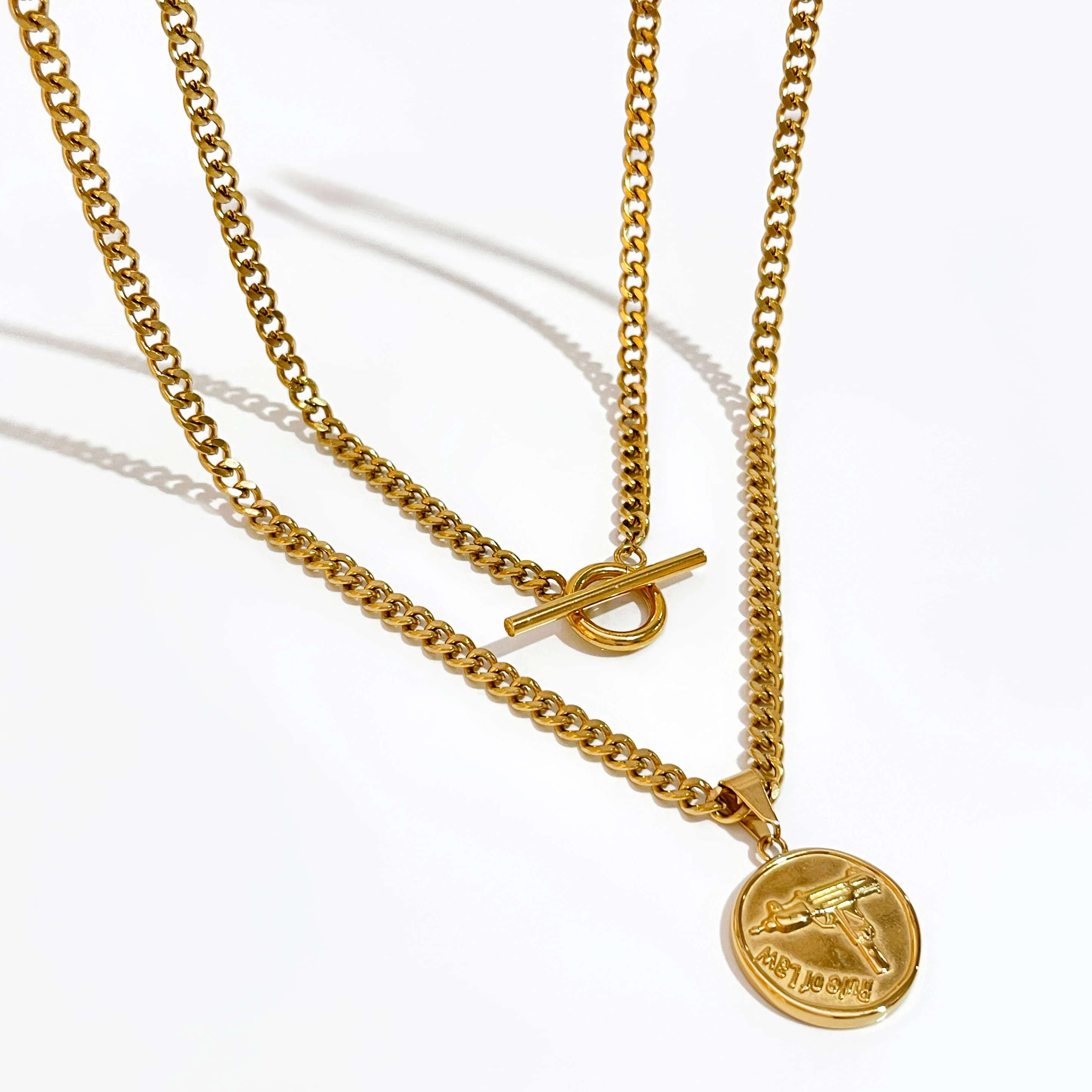 

Peri'sBox Gold Color Chunky Chain Coin Pendant Necklace for Women Waterproof Stainless Steel 2 Layered Necklaces