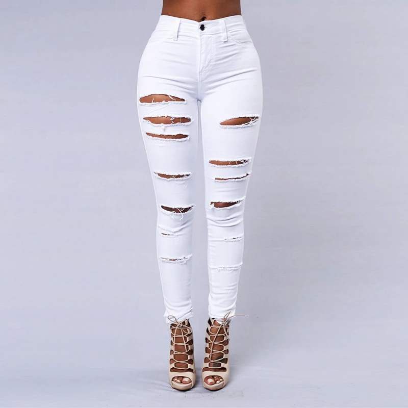 Hot Sale Sexy Ripped Jeans Women Fashion High Waist Street Casual Skinny Elastic Pencil Denim Pant Female Clothing Free Shipping