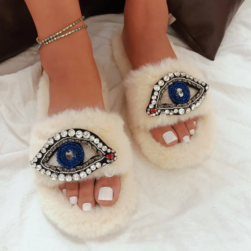 

Size Plush Women's Shoes In Autumn And Winter Wear Cotton Slippers Fashion Devil Eyes Faux Fur Slippers Indoor Home Floor Shoes