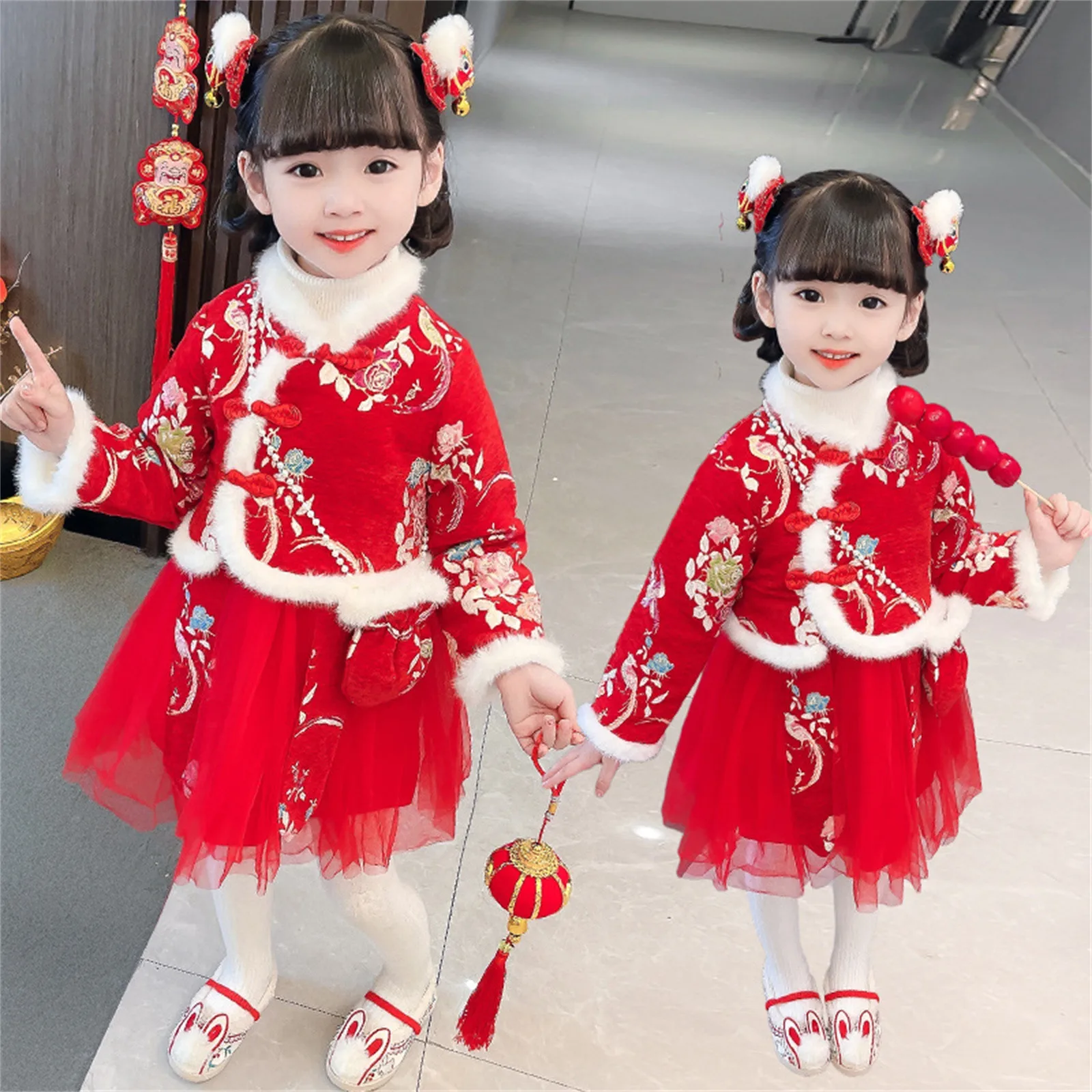 

Детские сказочные платья Hanfu для девочек, детское теплое китайское Новогоднее флисовое платье принцессы из искусственного меха, костюм с вышивкой Тан, платья