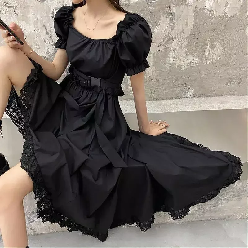

Black Dress Square Collar Waist Thin Elegant Temperament Bubble Short-sleeved Dress Female Trend 2022 Summer New Dress