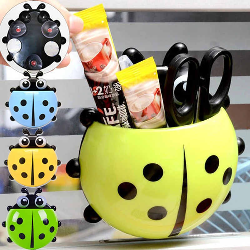 

Cartoon Ladybug Toothbrush Holder with Suction Cup Wall Mounted R Shelf Household Toothbrush Toothpaste Container Organizers