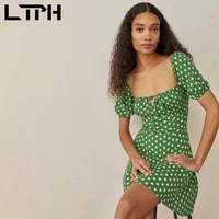 ltph small daisy print green dress women sexy square collar lace up high waist short slim elegant a line dresses 2022 summer new