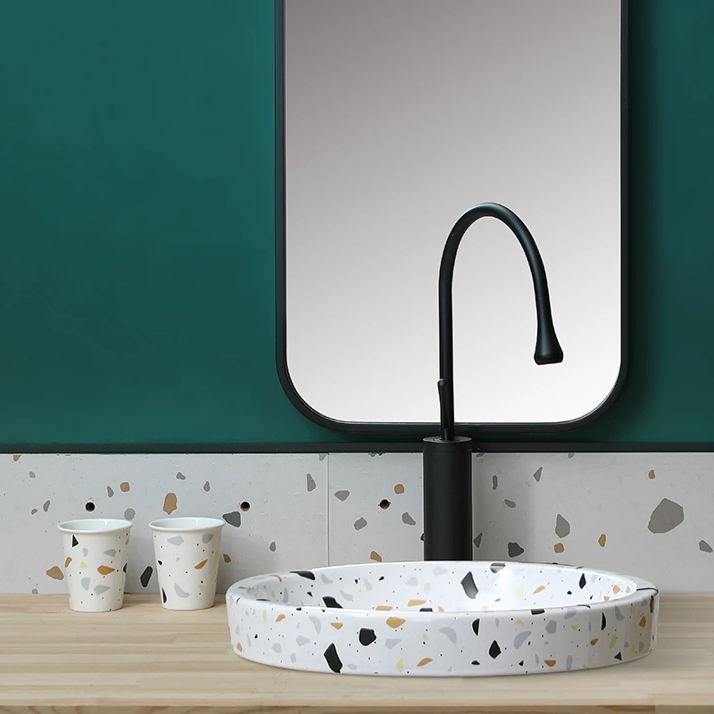 

Counter Basin Semi-Embedded Basin Bathroom Household Wash Basin Ceramic Terrazzo Table Basin round Basin Single Basin