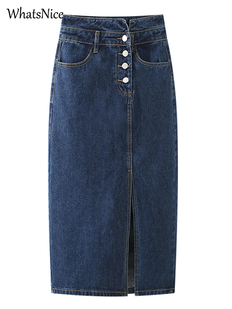 

Cheap Wholesale New fashion woman skirts womens jean Skirt casual sexy female OL girls Multi button asymmetric Fork denim skirt