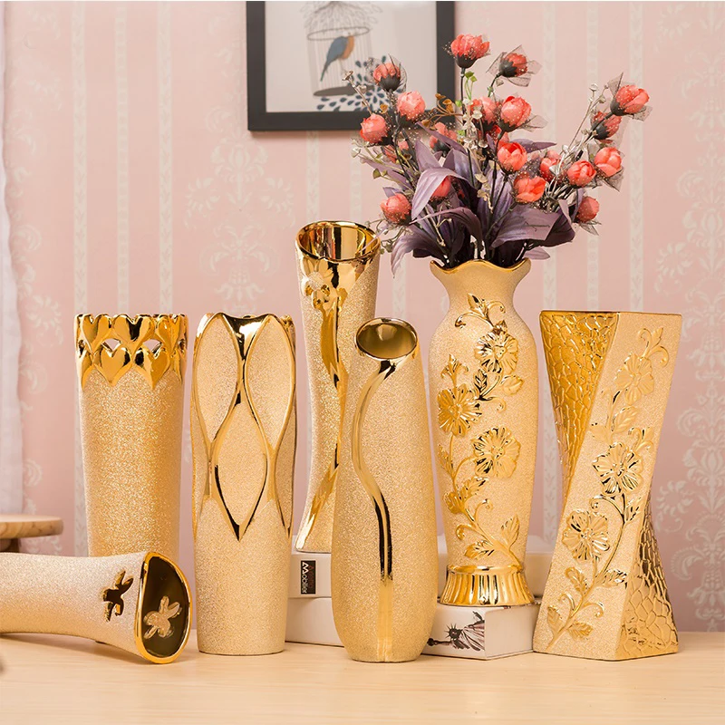 

Luxury Europe Gold-plated Ceramic Vase Home Decor Creative Design Porcelain Decorative Flower Vase For Wedding Decoration