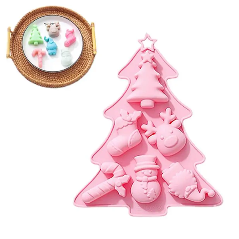 

Christmas Chocolate Molds 6 Cavity Christmas Tree Elk Candy Cane Gnome Stocking Snowman Silicone Mold Non-stick Soap Making