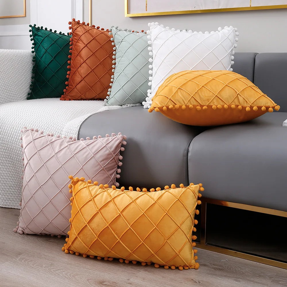 

Dutch Fleece Hairball Plaid Cushion Cover Solid Square Velvet Pillow Covers Decorative 45x45cm/30x50cm Pink Throw Pillow Case