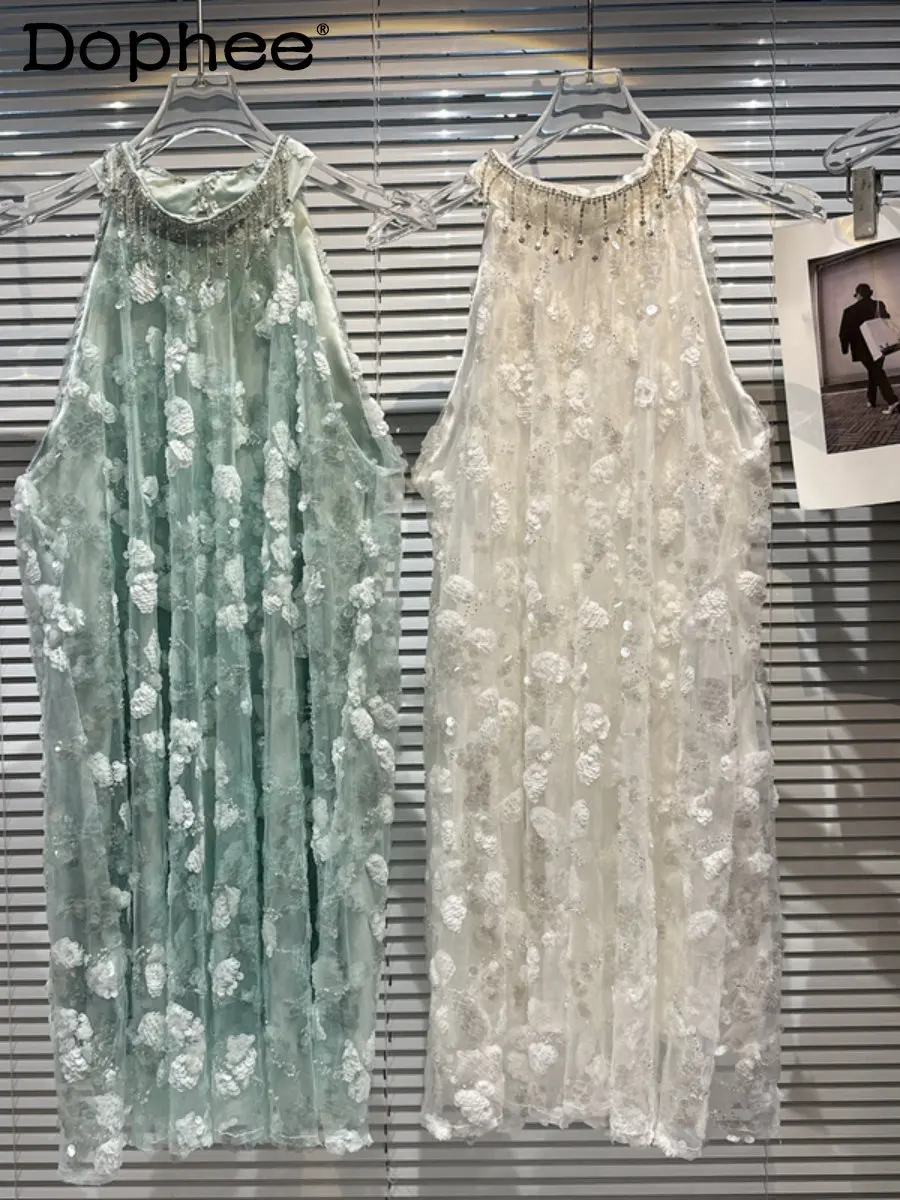 2023 Summer New Rhinestone Tassel Collar Sequined Sleeveless Vest Dress Women Heavy Embroidery Sequins Sweet Loose Midi Dresses