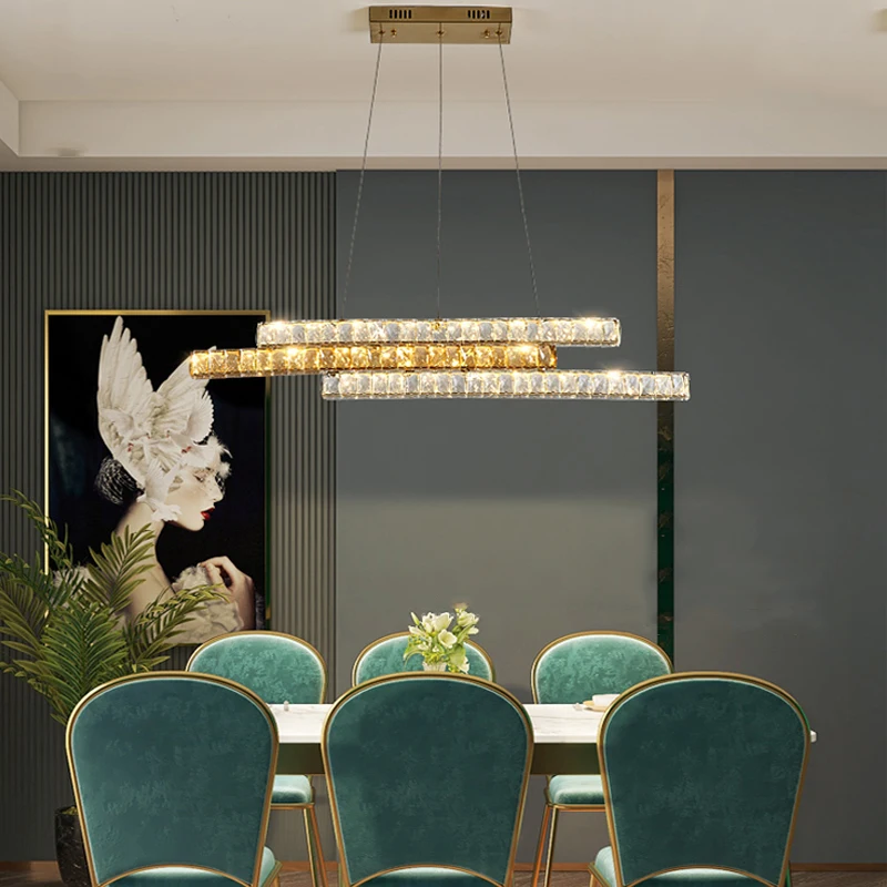 

Chandeliers Lights Modern Long Strip Led Crystal Promise Dimming for Dining Room Restaurant BarTable Deco Lamps Hanging Fixture