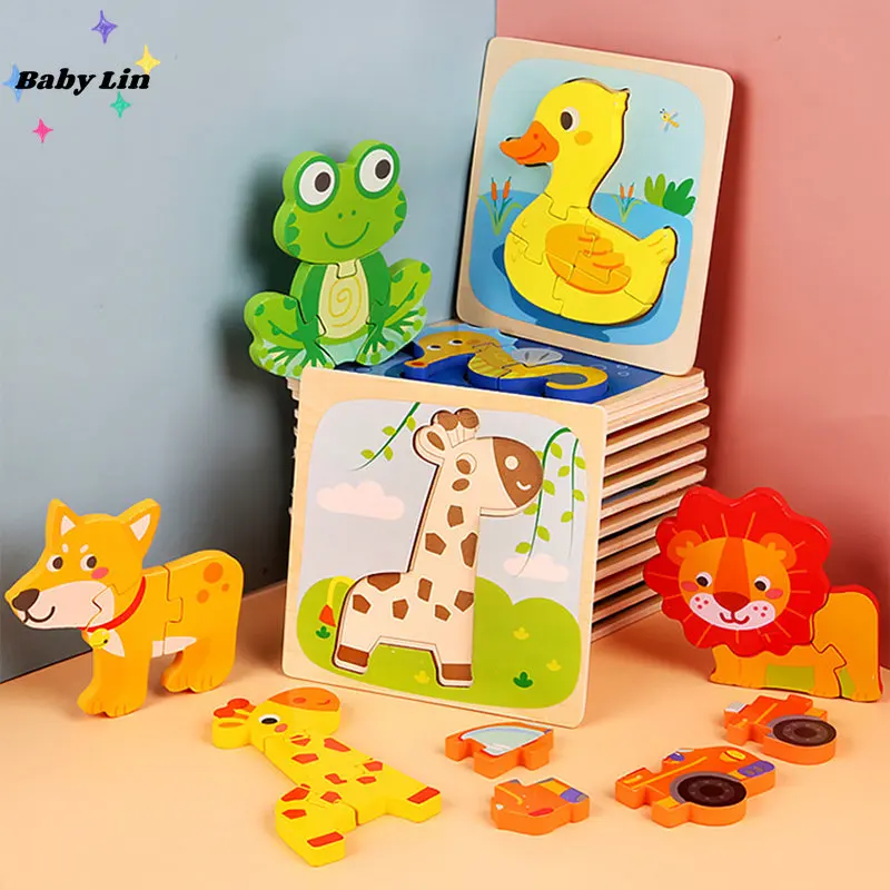 

Cartoon Animal Wooden 3D Puzzle Baby Montessori Toys Toddlers Educational Traffic Jigsaw Puzzles for Kids 1 2 3 Years Boys Girls