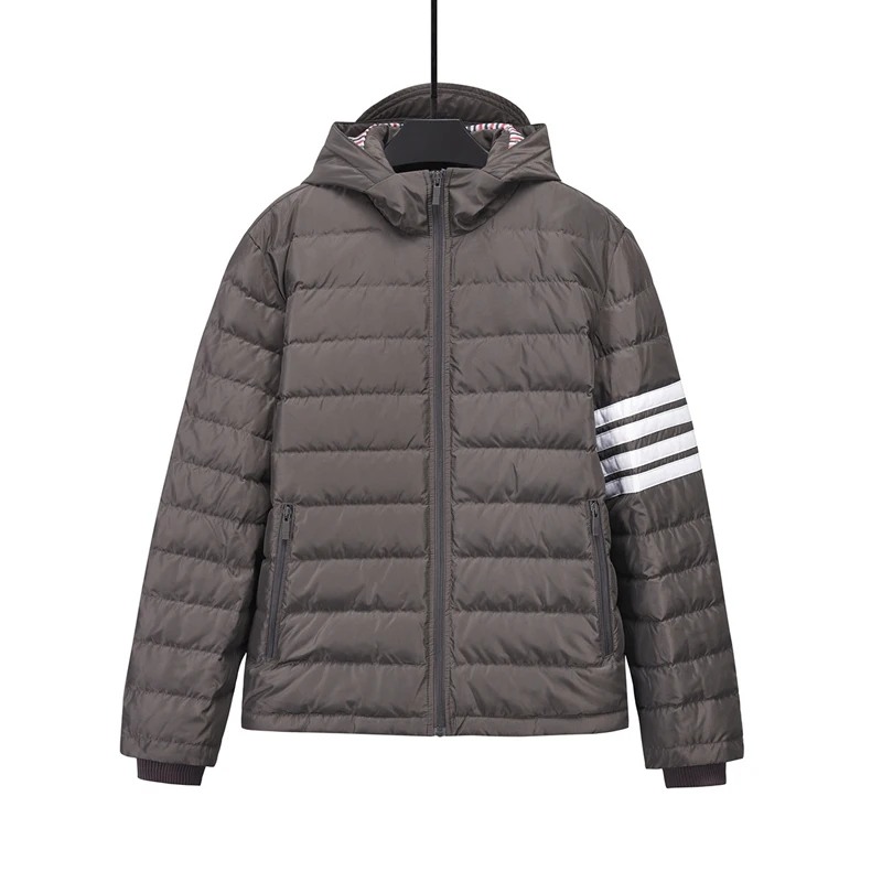 TB THOM Men's Jacket Winter Fashion Brand Down Jackets Down-Filled Matte Nylon White Stripes Hoodies Coats Casual Hooded Jackets