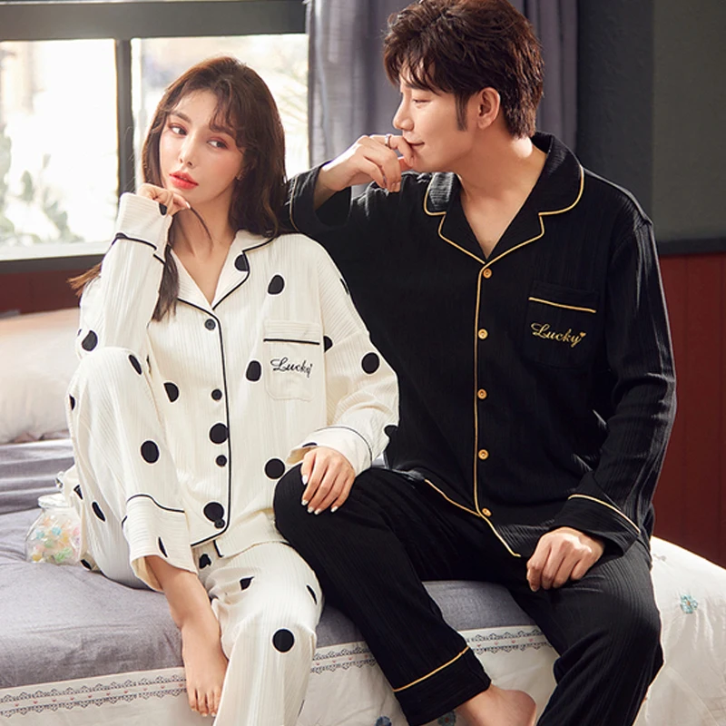 QUHENG 2022 Autumn Women's Pajamas Set  Long Sleeved Trousers Print Sleepwear Cotton Couple Home Clothes Nightwear for Men