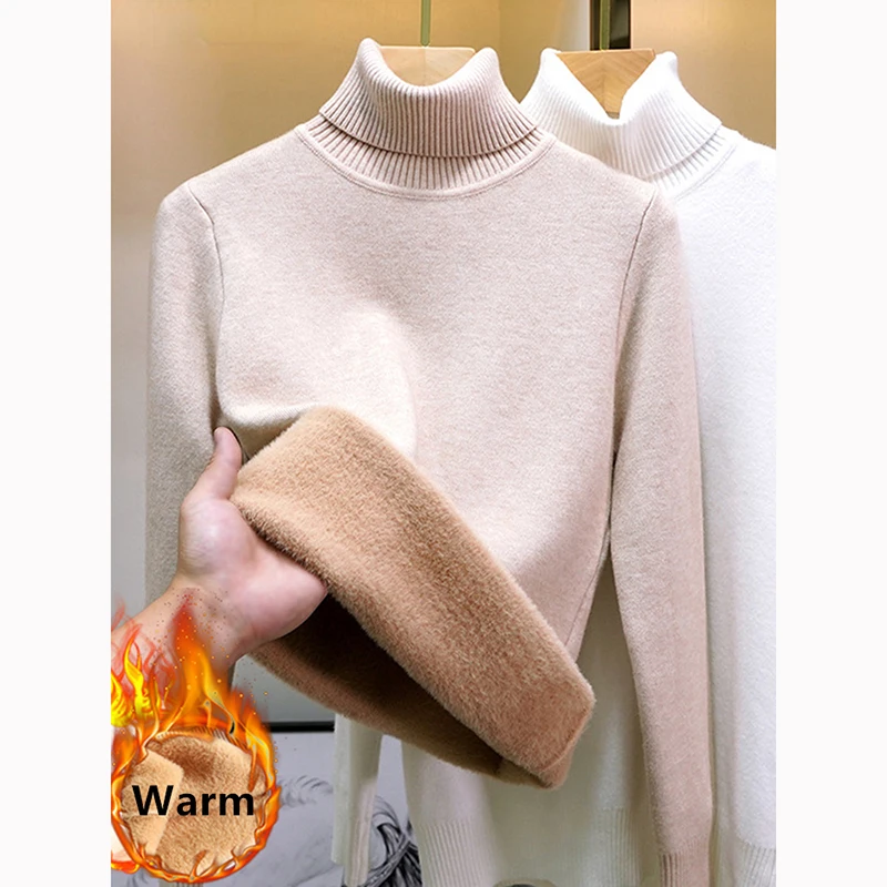 

Casual Warm Velvet Turtleneck Knitted Sweater Women Long Sleeve Pullovers Fashion Tops Vintag Knitwears Female Clothing 28205