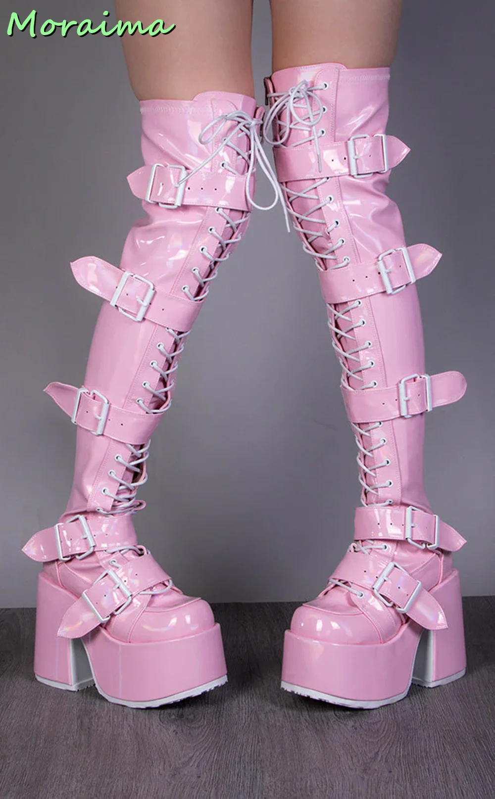 Belt Buckles Platform Thigh High Boots Front Lace Up Patent Leather Pink Solid Block Chunky Heel Fashion Women Shoes Winter 2022
