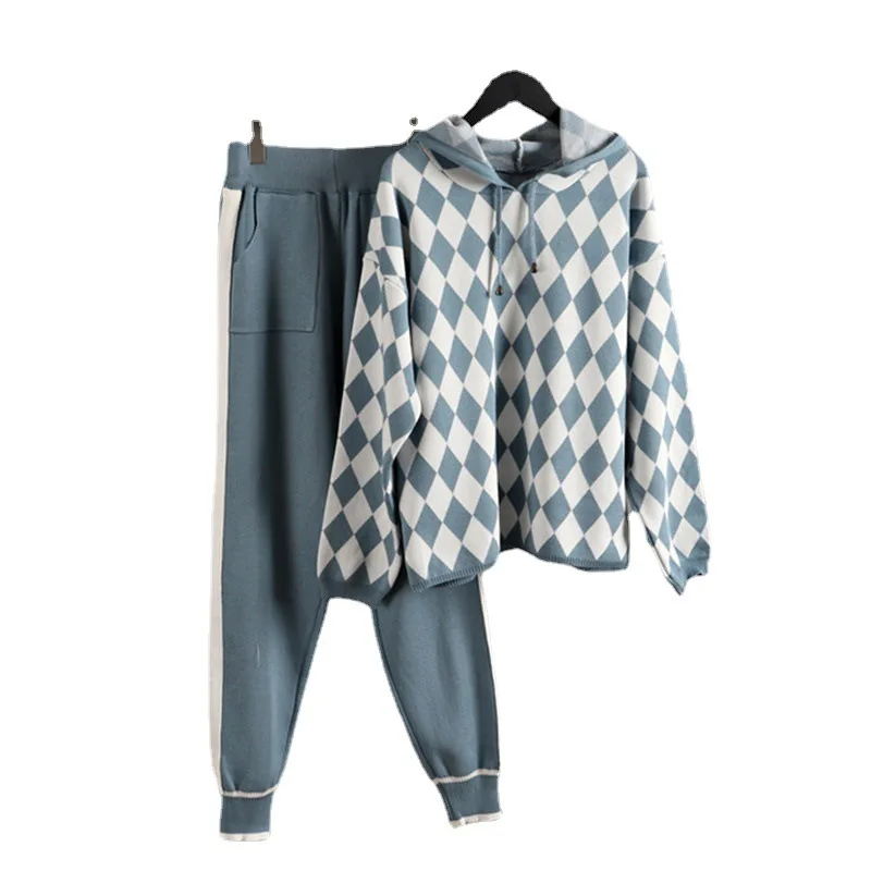

Two Piece Set 2022 Autumn Knitted Women Sets Grid Print Long Sleeve Pullover Sweater And Pants Sets Tracksuits Clothing Women