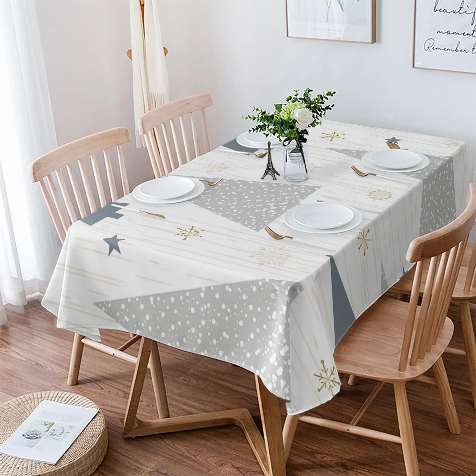 

Christmas Tree Snowflake Wood Grain Table Cloth Waterproof Dining Tablecloth Kitchen Decorative Party Table Cover